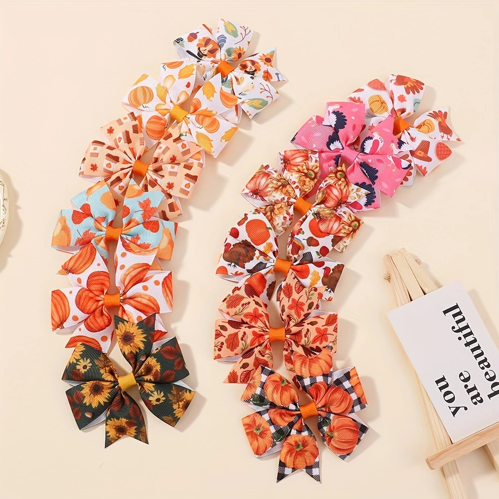 12/24Pcs Thanksgiving Day Bogen Haar Clip Set Für Kinder Mädchen Herbst Gedruckt Band Ahorn Blätter Kürbis Haarnadeln haar Zubehör – Detail 6