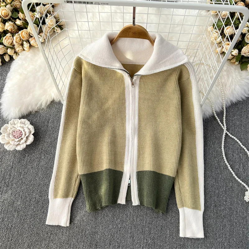 Double Zipper Sweater Cardigan for Women Korean Fashion 2023 New Design Loose Knitted Jumpers Female Stand Collar Coat