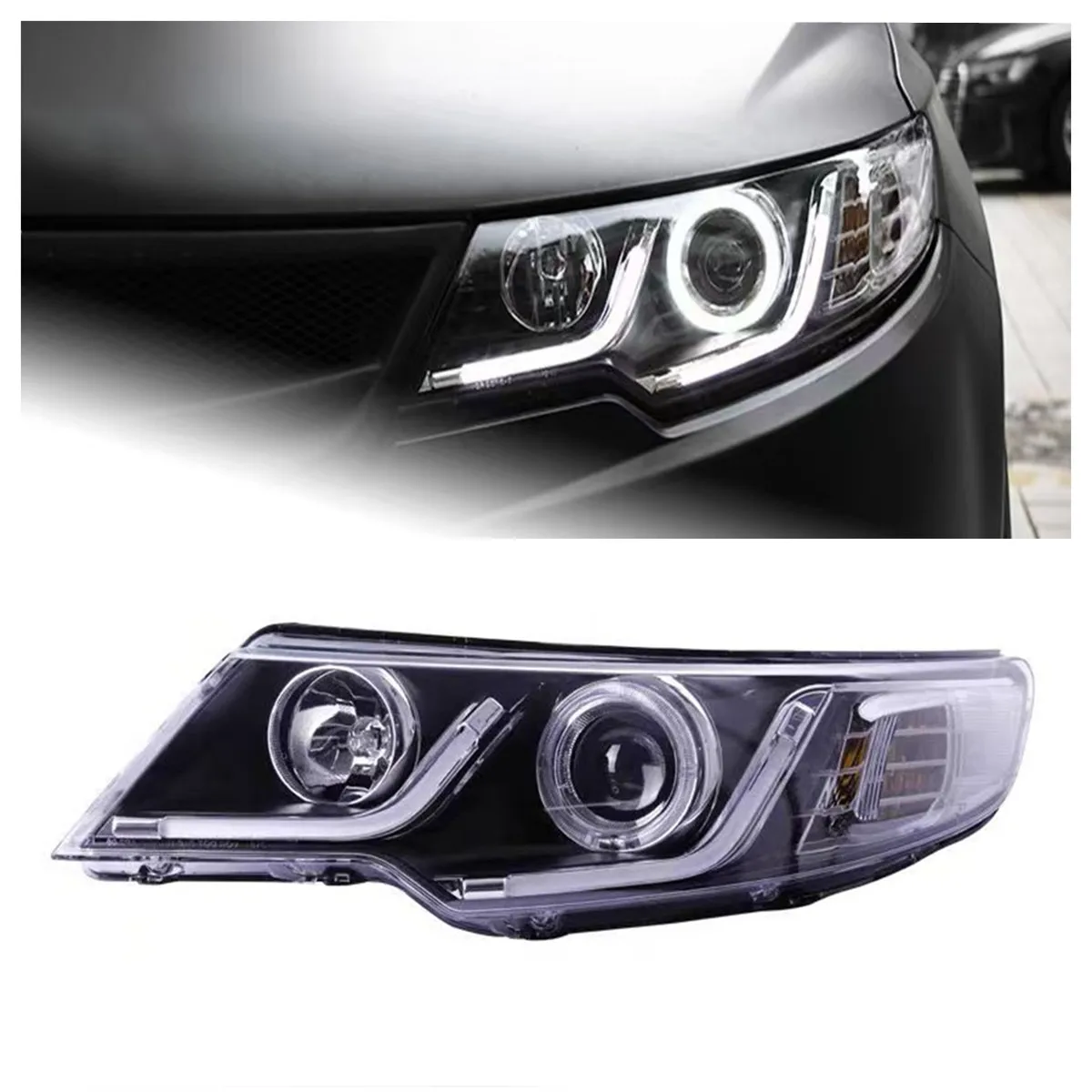 

Pop 09-13 For Kia Forte Headlight Assembly Modified LED Angel Eye Daytime Running Lights Lens Xenon Lamps