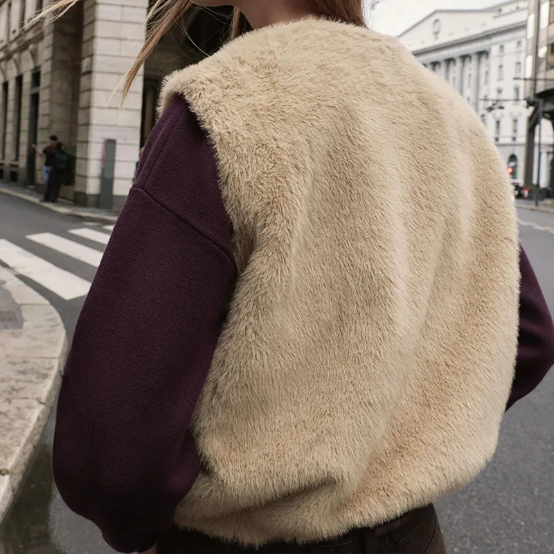 Nouveauté automne femmes gilet kets décoré effet fausse fourrure fermeture éclair ort vêtements d'extérieur trajet Sle Stand Fit dames manteau