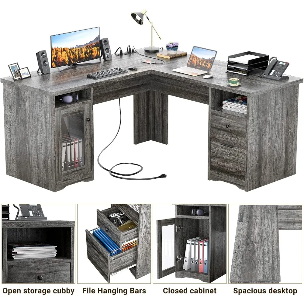 Unikito-bureau en forme de L avec égouts de proximité, bureaux d'ordinateur d'angle de 60 pouces avec port de chargement USB et prise de courant, grande maison Tat