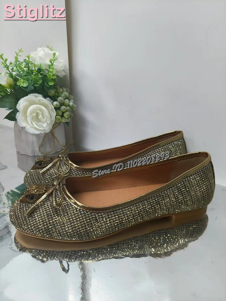 

Crystal Owl Head Decor Ballet Flats Butterfly-knot Rhinestone Round Toe Shallow Low-heels Luxury Shoes 2025 New Women's Fashion