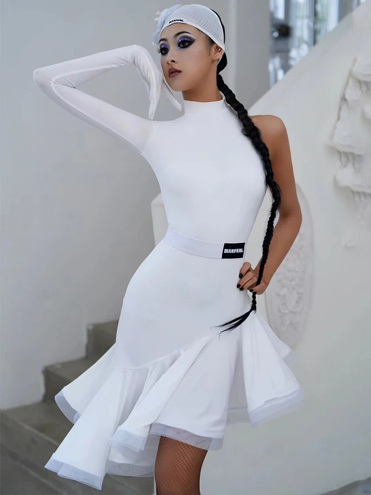 2024 Latin Dance Dress Women Single-Sleeve Fishbone Skirt Performance Costume Adult Rumba Cha Cha Latin Competition Dress V19133