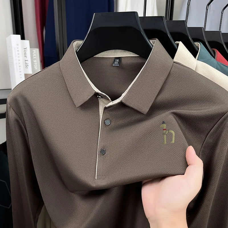 Hochwertiges Herren-Polohemd mit Originaldruck, Herbst-Trend, einfarbig, Revers, Langarm-T-Shirt, Business-Casual-Herrenbekleidung – Detail 13