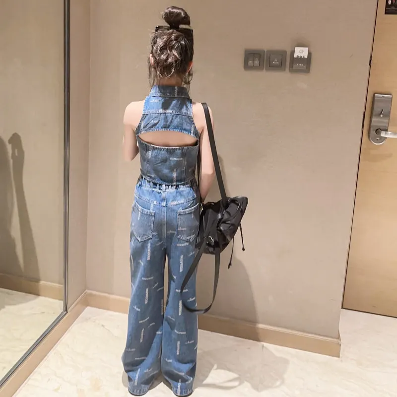 Conjunto de 2 peças de colete jeans azul para adolescentes, colete sem costas sem mangas para meninas, fantasias infantis, roupas infantis, moda