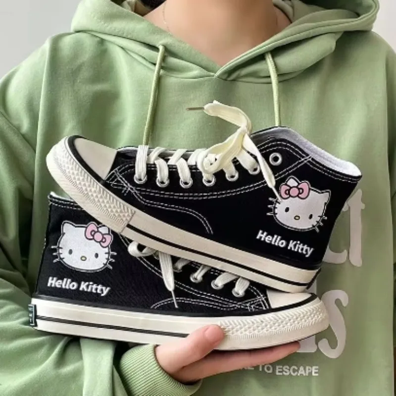 Sanrio Hello Kitty High Top Canvas Shoes Student Cartoon Graffiti Skateboard Shoes Kawaii Girls Preppy Style Versatile Sneakers