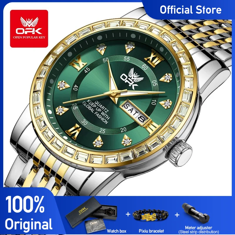 OPK 8174 Watches For Men Classics Fashion Original Quartz Wristwatch Waterproof Luminous Zircon Bezel Dual Calendar Display