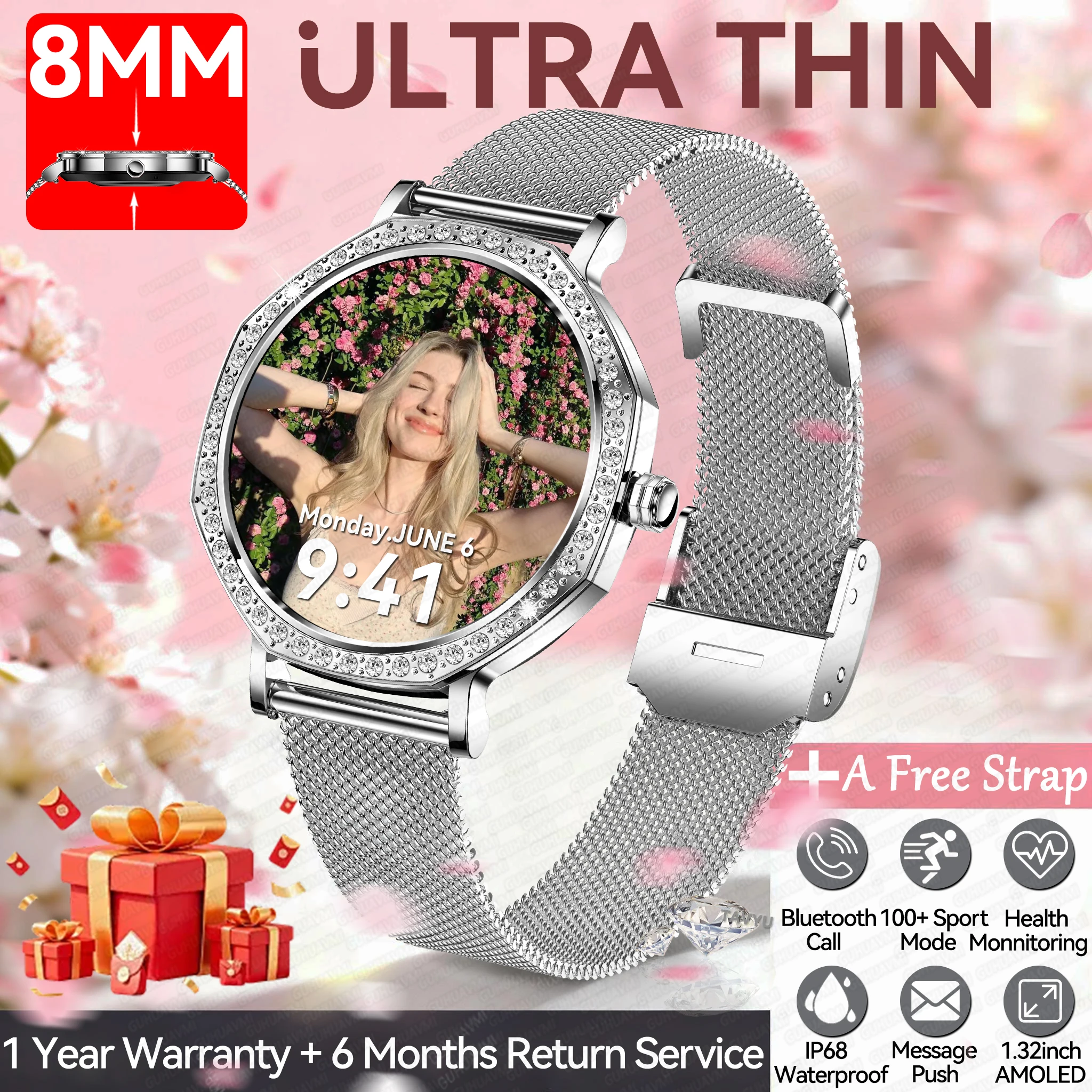 

2026New 8MM Ultra Thin Smart Watch Women Screen Always on Display Sports Bracelet 1.32" Bluetooth Call Fashion Smartwatches Lady