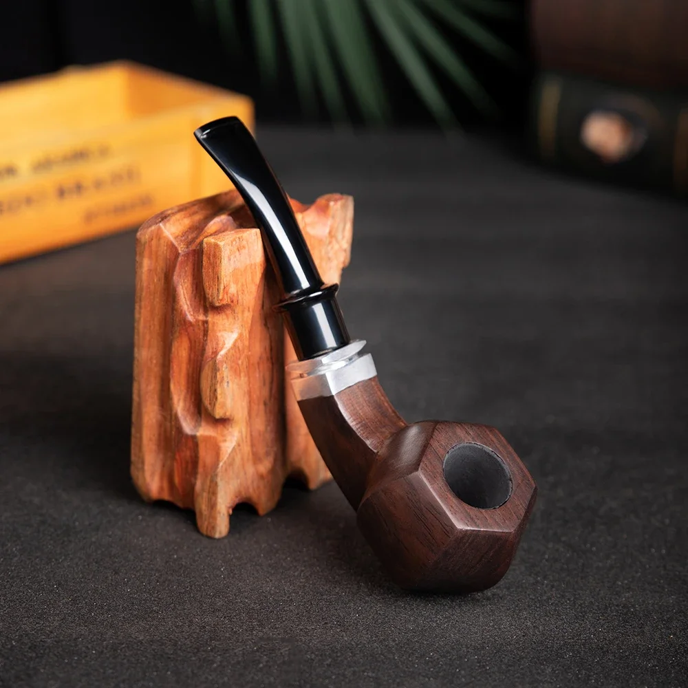 Ebony Handmade Smooth Tobacco Pipe 9mm Activated Carbon Filter Wood Smoking Pipes Cigar Tube Smoke Cigarette Smoking Accessories