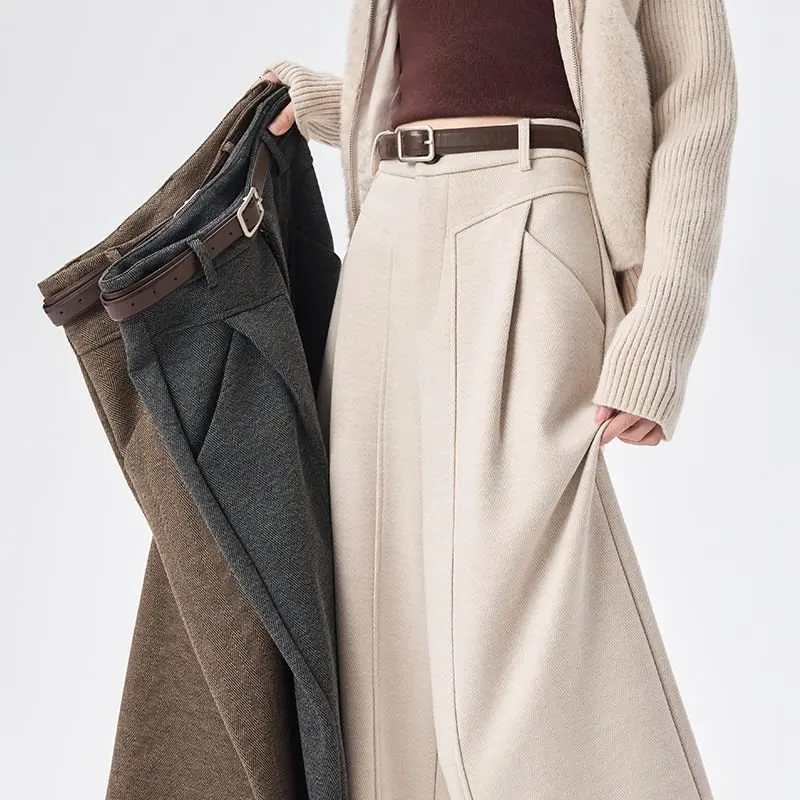 Calças Femininas de Perna Larga com Forro, Cintura Alta, Calças Longas, Primavera 2026, Novo Estilo Casual em Acetato de Lã Xadrez