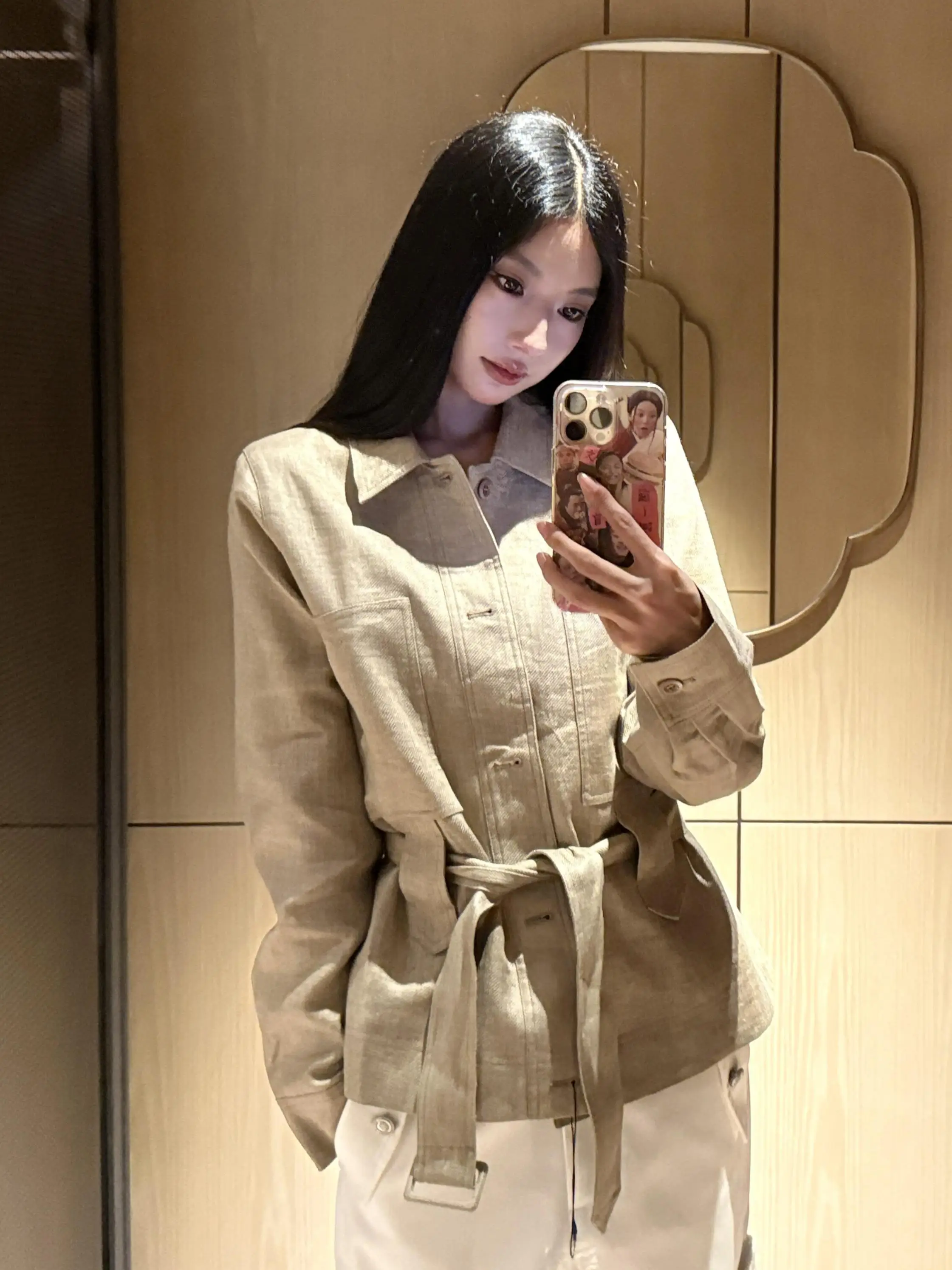 l Raindrop Linen Chic Waist-Cinching Jaet Coat for Women Autumn Season Loose Fit Long Sve Button Closure  Color