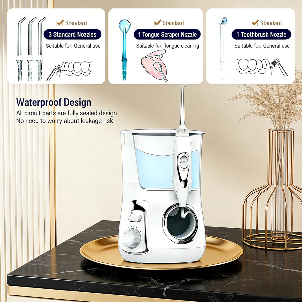 

Электрический ирригатор для полости рта 800 мл, 10 режимов, настольный, высокопроизводительное решение для ухода за зубами для всей семьи, 5 насадок