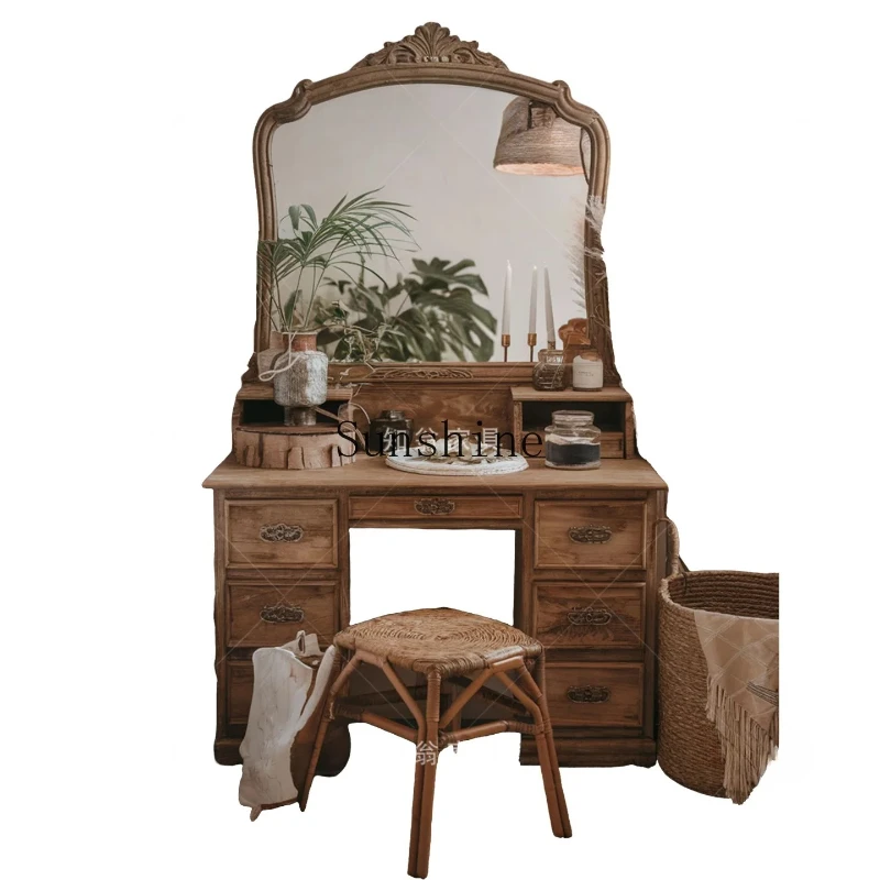 

French retro solid wood carving flower dresser small apartment bedroom with makeup mirror multi-drawer