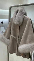 New Fashion Female Two Side Cashmere Luxury Poncho Streetwear Women Fox Fur O Neck Loose Long Dolman Sleeves Coat With Belt