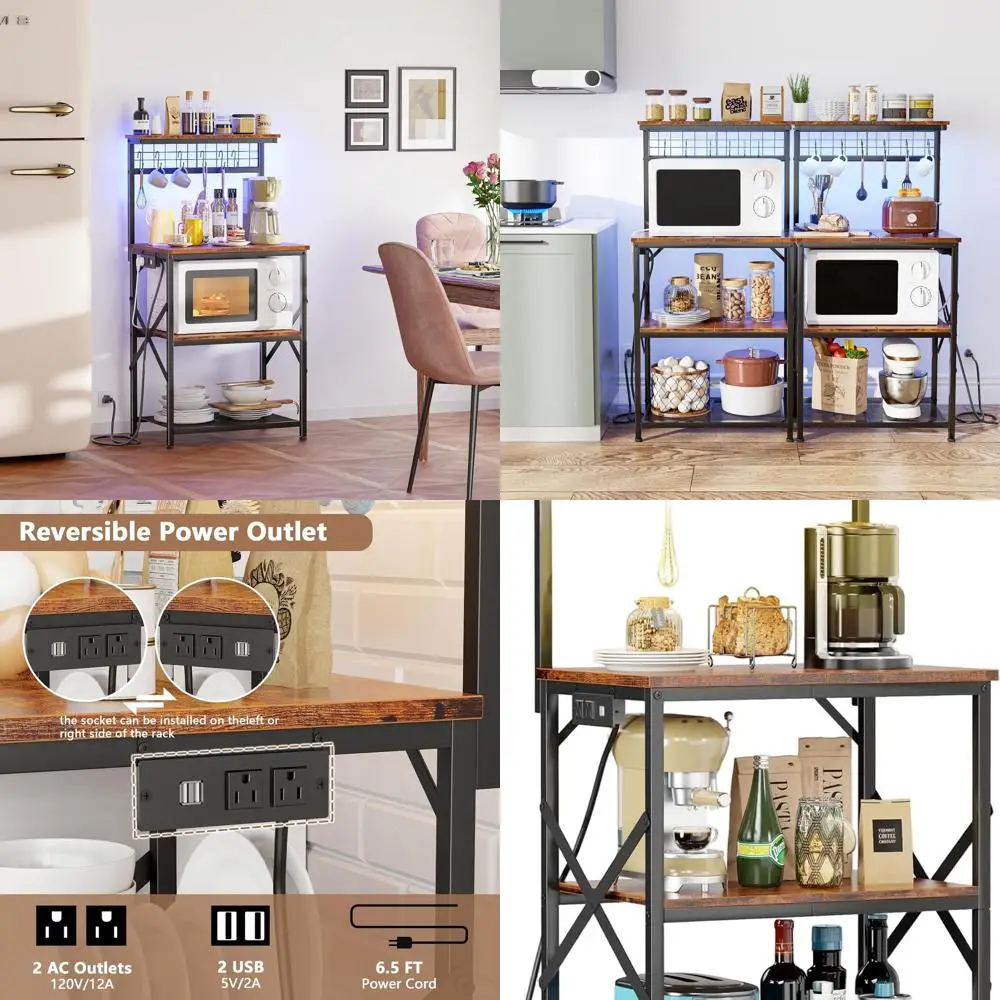 

Стеллаж для пекаря с электрической розеткой и светодиодной подсветкой, компактная 4-ярусная подставка для микроволновой печи, столик для кофейни с 6 крючками, стеллаж для хранения специй и горшков в деревенском стиле