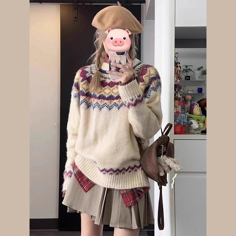 

Thiened круглый пуловер Ne, женский мягкий уютный осенне-зимний новый свитер в японском стиле ретро, трикотажная одежда Fair Isle, внутренняя часть