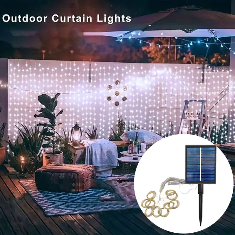 

8 Lighting Modes Solar Curtain String Lights Fairy Holiday Garland Lamp Wedding Party Outdoor Yard Christmas New Year Decoration