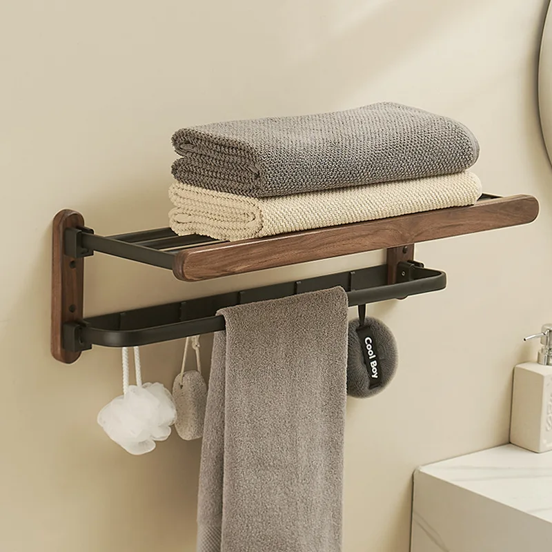 

‌Foldable Towel Rack for Bathroom, Wall-Mounted Double Layer Holder, Solid Wood Bathroom Organizer, Space-Saving Folding Bar