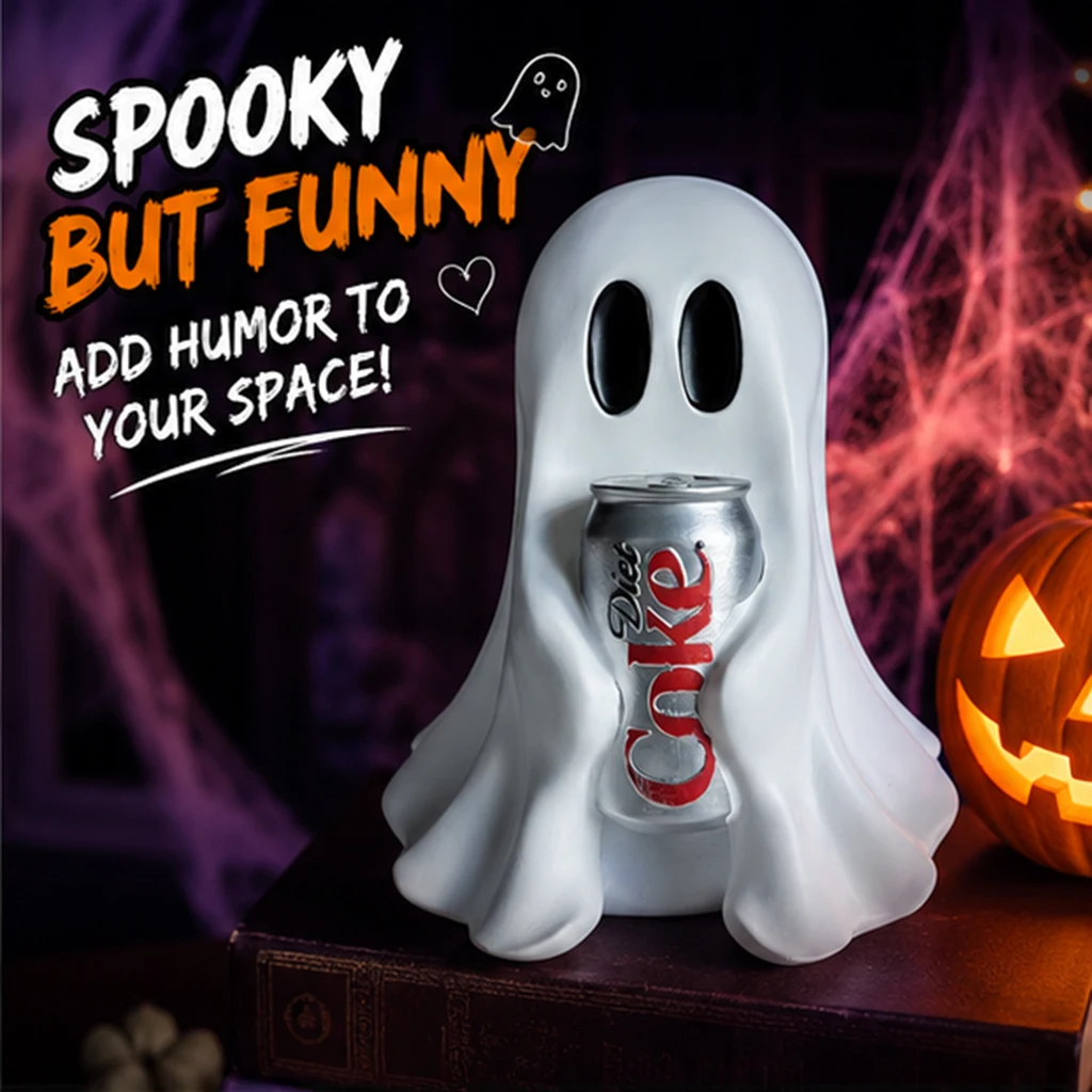Statue en résine de fantôme tenant une canette de soda, figurine de fantôme effrayant porte-boisson, décoration de bureau pour Halloween, décoration de table amusante pour la maison.