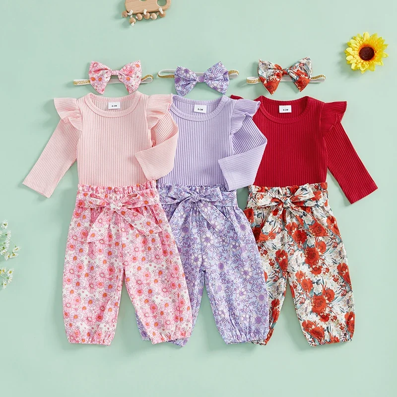 SUNSIOM 3PCS Baby Girl Fall Outfit Ruffle Long Sleeve Ribbed Romper Elastic Waist Pants with Fixed Belt Bow Headband Clothes Set