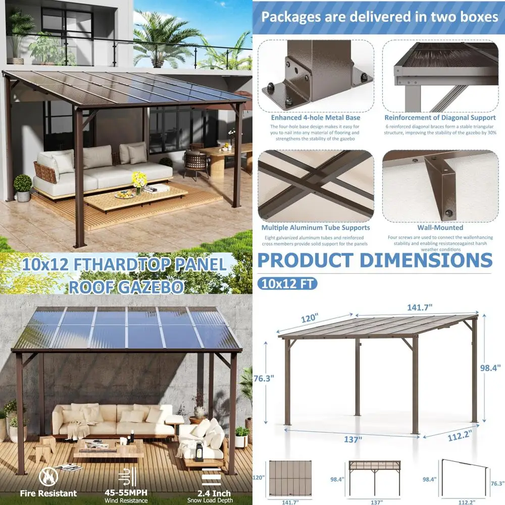 

"10x12 Foot Hard Top Lean-to Gazebo, Large Pergola and Gazebo Clearance, Wall-Mounted Canopy Awnings for Patio"