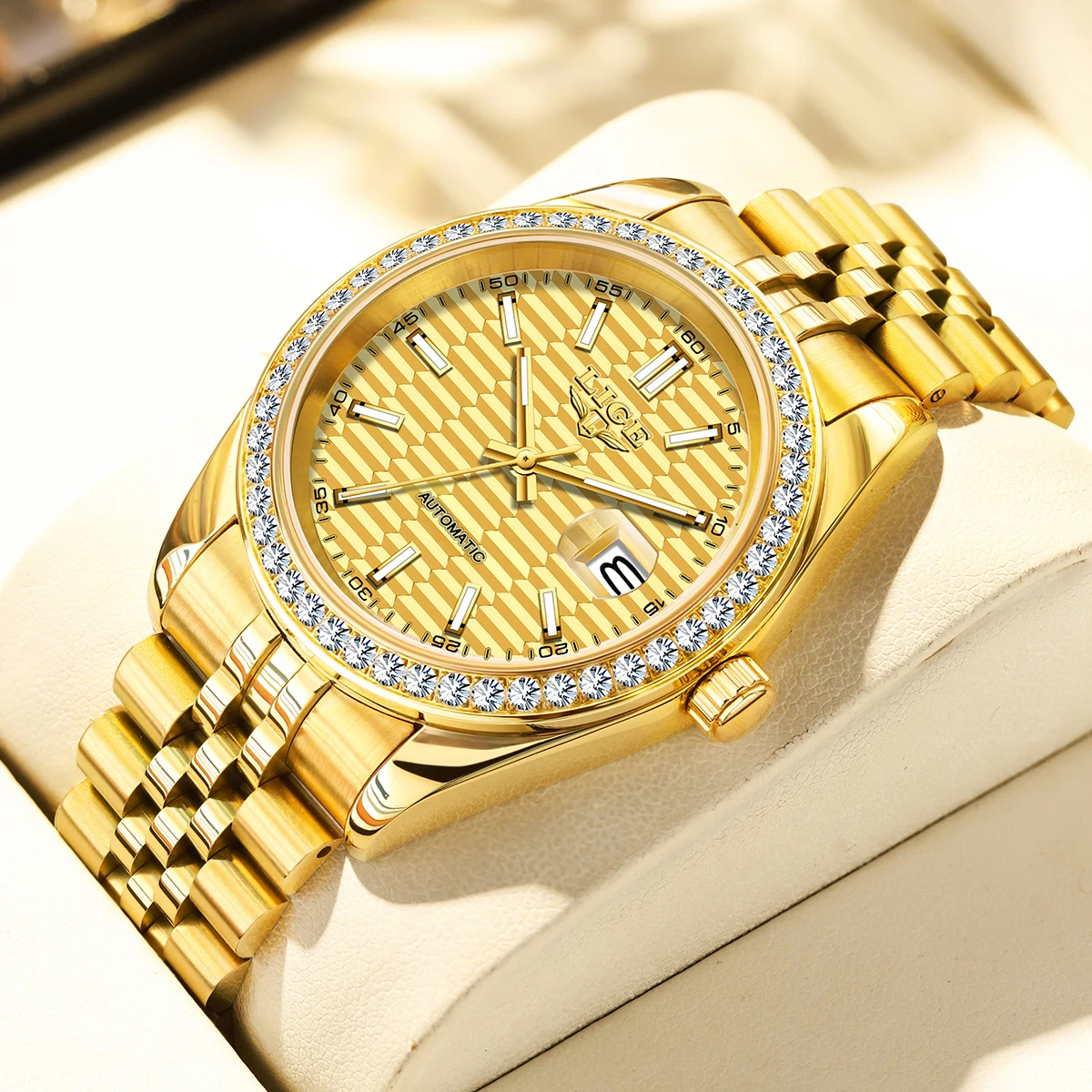 

LIGE Золотые мужские часы Классические оригинальные автоматические механические часы для мужчин Водонепроницаемые светящиеся часы из нержавеющей стали Relojs + коробка