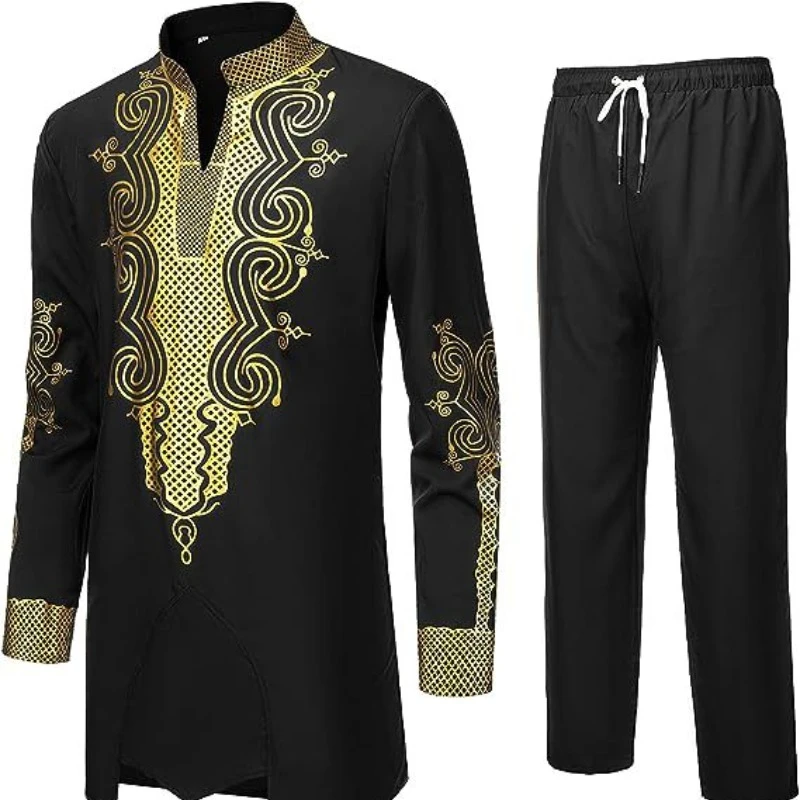 Men\'s African Men\'s Suit Bronzing Top and Trousers 2-Piece Set islamic clothing men  muslim men clothing  caftano  arabic