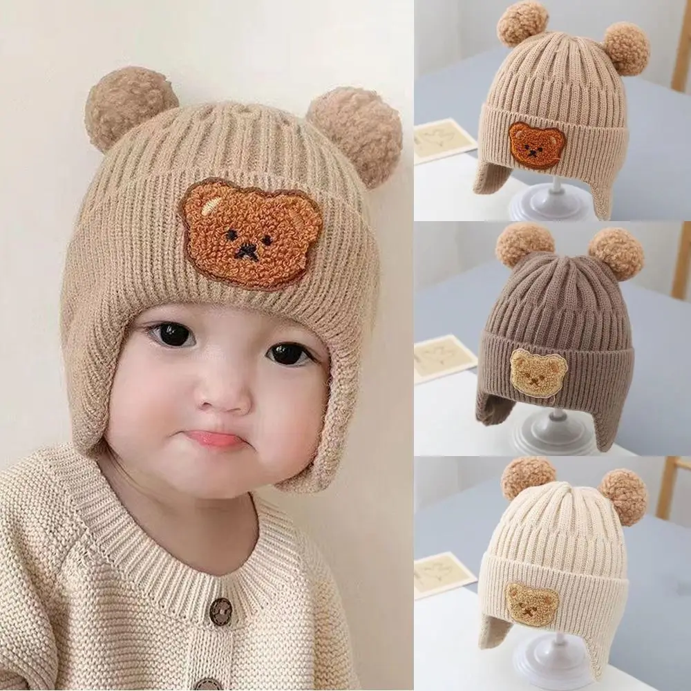 Korean Cartoon Bear Baby Beanie Cap Winter Warm Ear Protection Crochet Hats Soft Kids Knitted Hat Toddler Boys Girls