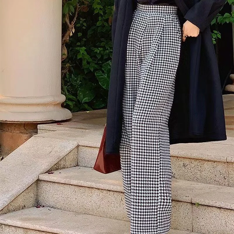 Autumn Winter Fashion Casual Houndstooth Loose Wide Leg Trousers Women Vintage Elegant Y2K Female Long Pants Streetwear Clothes