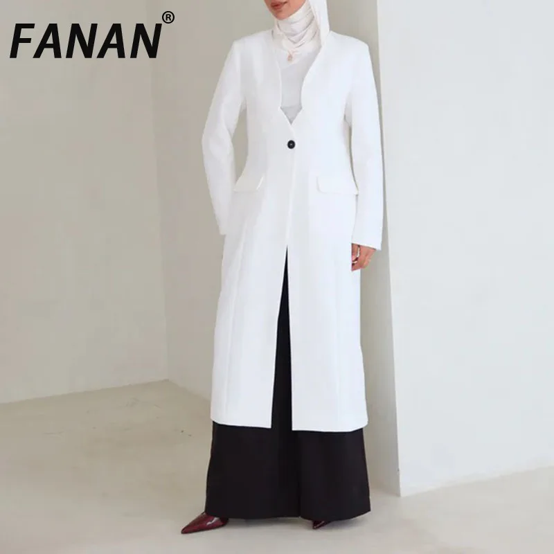 

FANAN Temperament Single Button Gathered Waist Trench For Women V Neck Solid Long Windbreaker Office Lady Coats 2025 New Spring