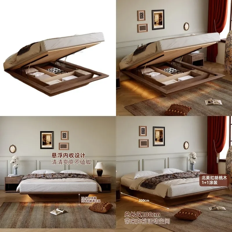 Walnut Solid Wood Floating Bed Frame Mid Century Modern Skeleton Design with Hydraulic Lift Storage Box No Nightstand