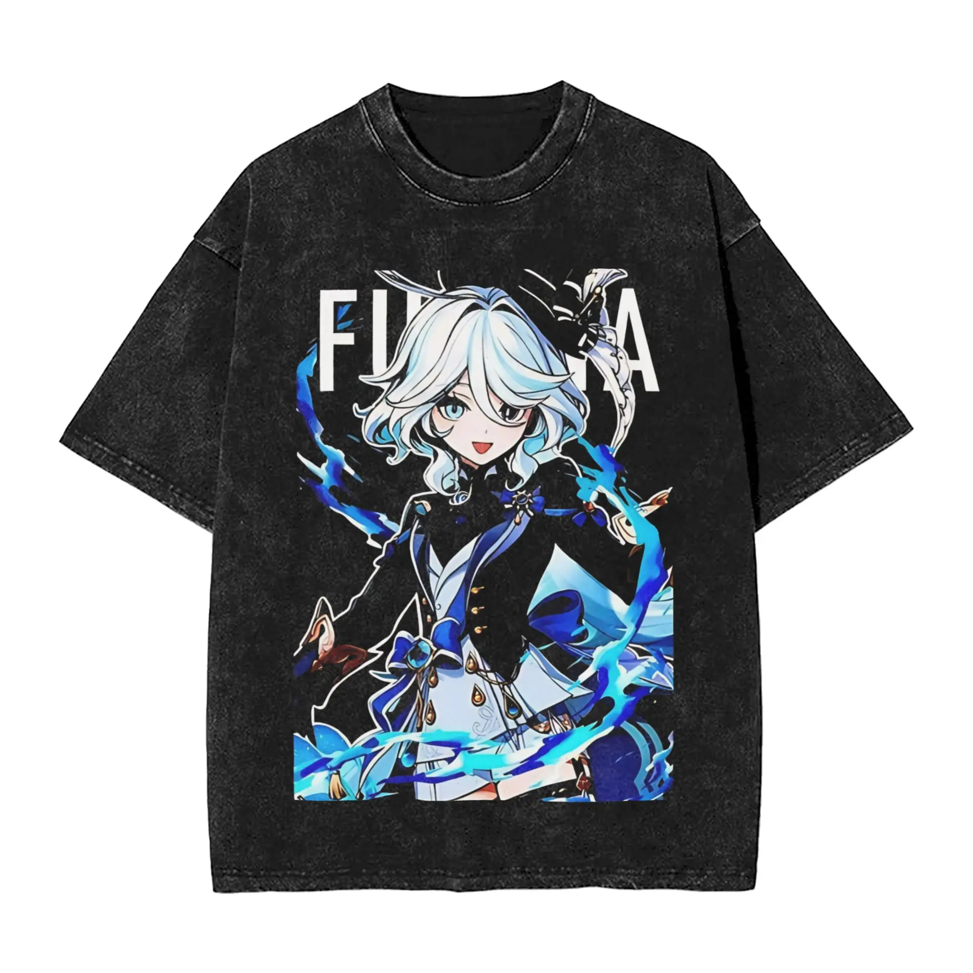 Furina Washed T Shirts Streetwear Hip Hop Vintage T-Shirt Genshin Impact Game Tees Men Women Cotton Oversize Printed
