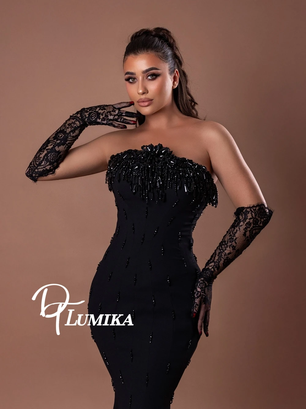 

Handmade Black Tassel Evening Dress Classy Delicate Strapless Mermaid Customized Cocktail Gown For Women Prom Party No Gloves