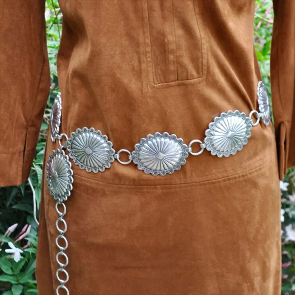 Fashion Waist Chain Luxury Metal Waist Sun Star Burst Stamped Metal Medallion Concho Chain Belt Cowgirl Summer Dress