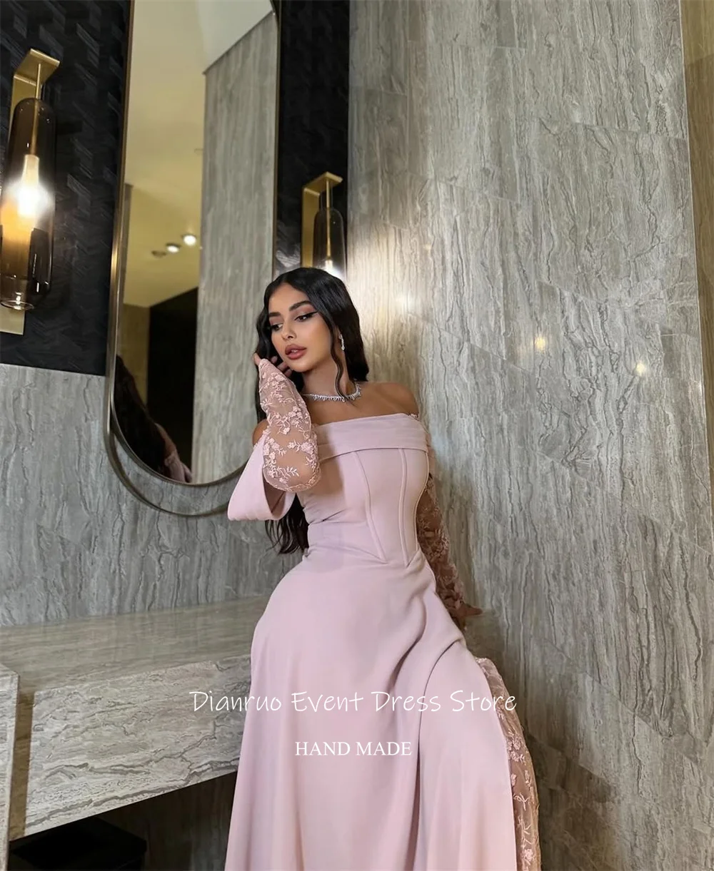 Dianruo ロマンチックなピンクオフショルダーイブニングドレスサテンレースパーティードレスイリュージョン非対称サウジアラビアカスタマイズ