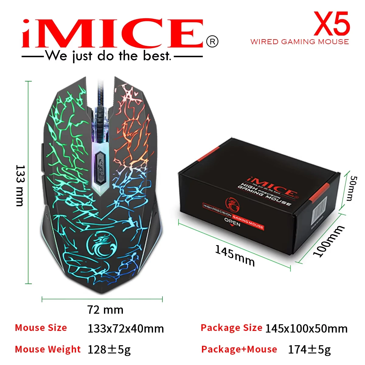 IMICE X5 USB Egér Meg nem látott ergonomic Egér Optikai 2400DPI 1.5M színben ledes customizing 6 Szállodai küldönc vezetékes PC Játék kiegészítők