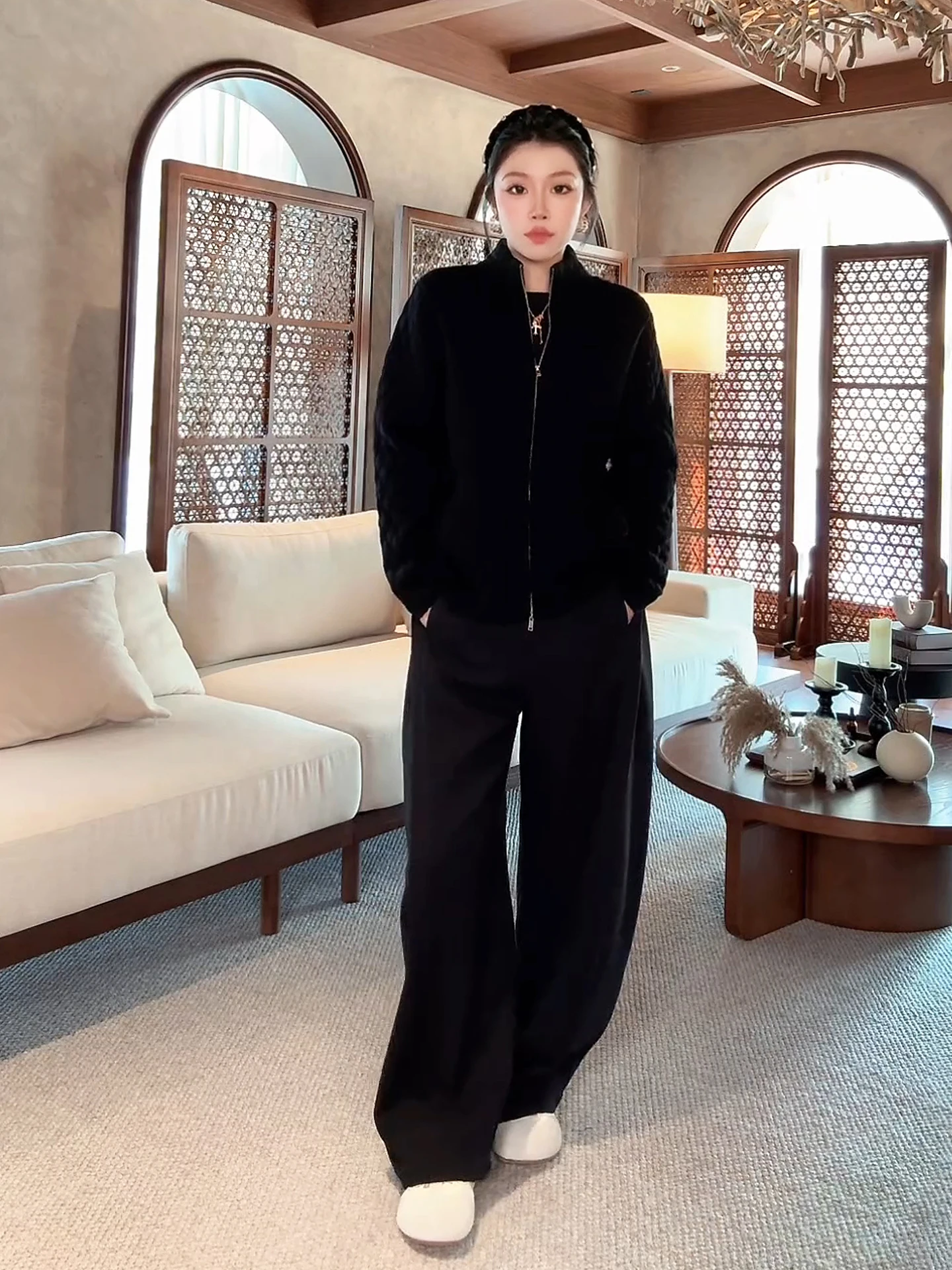 

ME Geometric Woolen Bread Sle Casual Cotton Jaet Mixed eep Wool Diamond Stitch Faionable Ladies Thiened Long Sve...