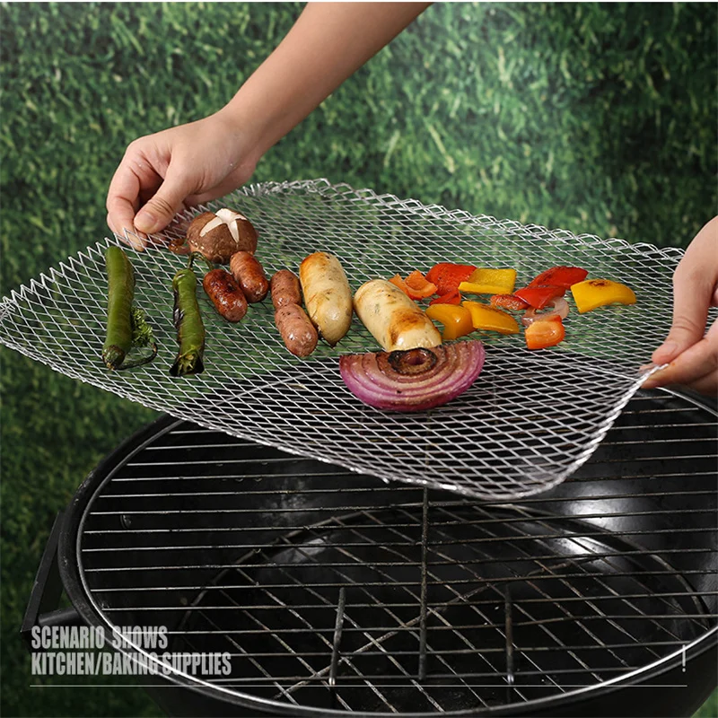 10 قطعة/المجموعة الفولاذ المقاوم للصدأ الشواء شبكة المتاح غير عصا صينية الشواء بطانة للتخييم نزهة المنزل اللحوم الأسماك شواء حصيرة