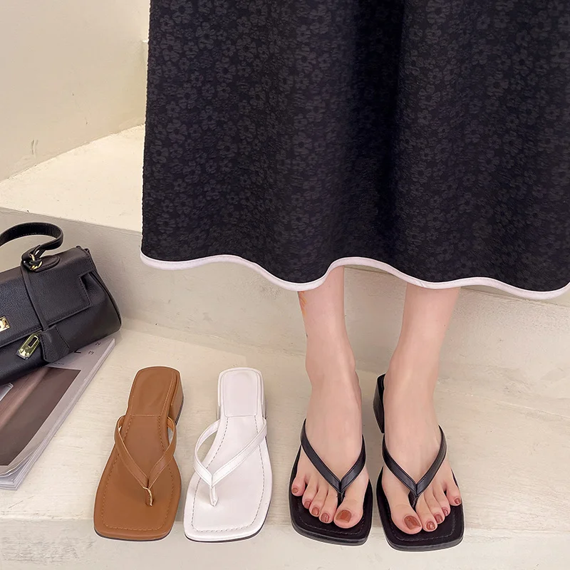 Summer Women Square High Heels Slides Mules Sweet Female Open Toe Slippers Mujer Shoes Indoor Rubber Sexy Flip Flops Slides
