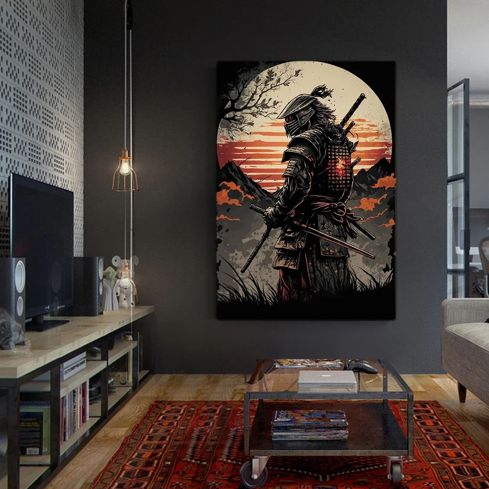 Black Samurai Cherry Blossom Samurai Figure Art Painting Wallpaper Posters and Printmaking Living Room Home Decoration Poster