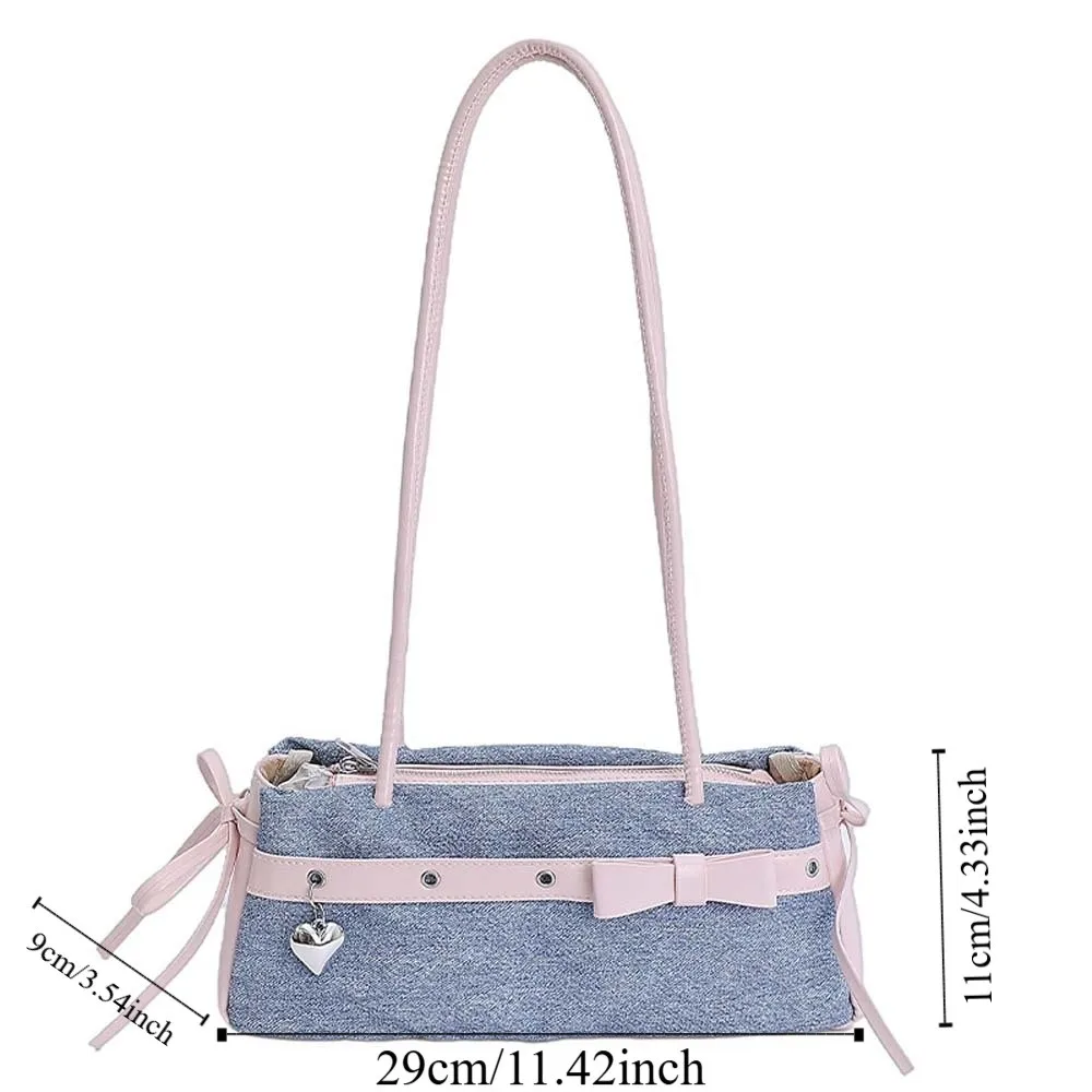 Doce francês vara bolsa fita contraste cor arco pu bolsa de ombro estilo coreano grande capacidade denim axilas sacos viagem