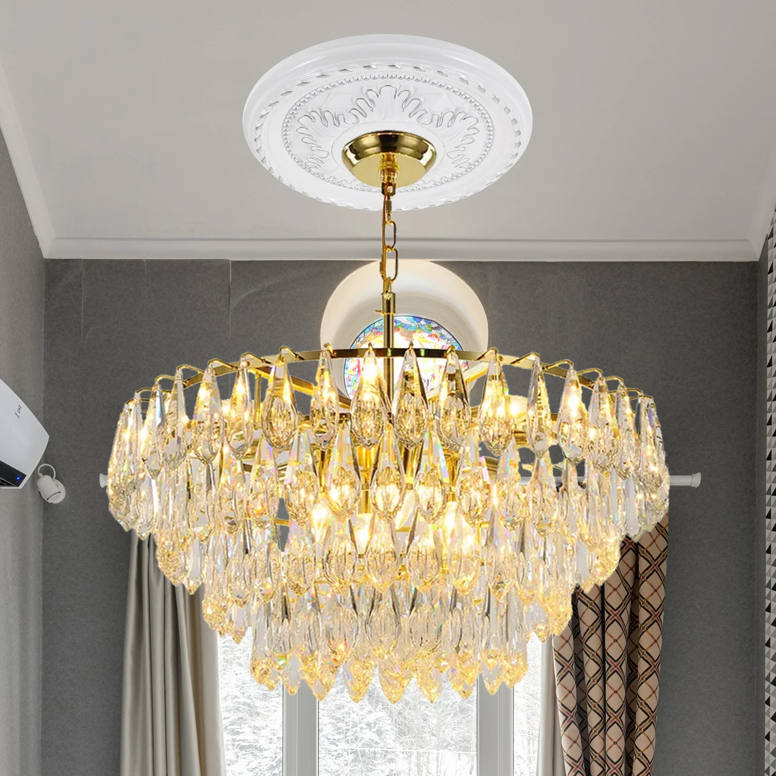 

Ceiling Medallion 12 Inch White Silver PVC Light Canopy Pendant Base Chandelier Mounting Plate Cover Decorative Round Plastic