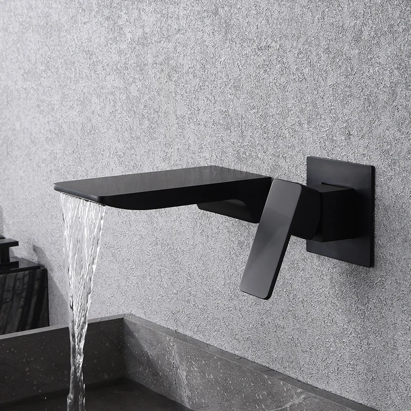 

Creative Wall-Mounted Waterfall Faucet Copper Black Wash Basin Hot and Cold Embedded Inter-Platform Basin Concealed Faucet