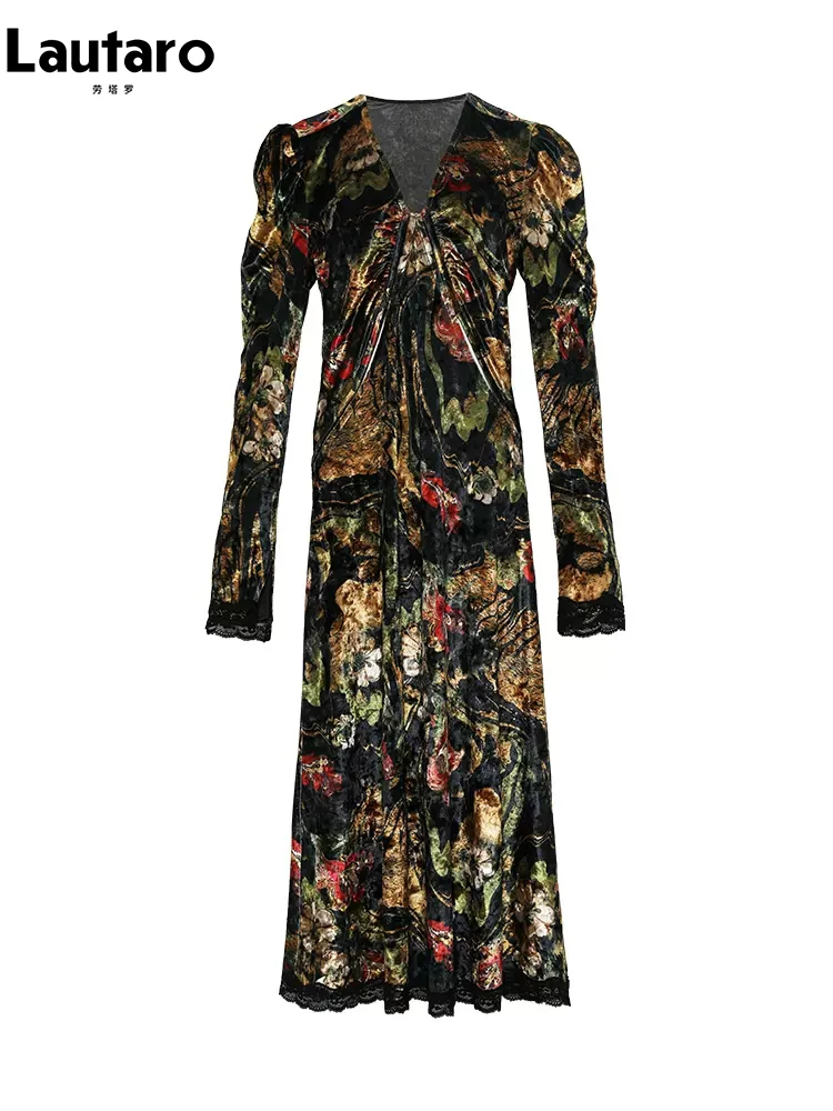 Lautaro Spring Extra Long Soft Colorful Floral Print Velvet Maxi Dresses for Women Puff Sleeve V Neck Luxury Designer Clothing