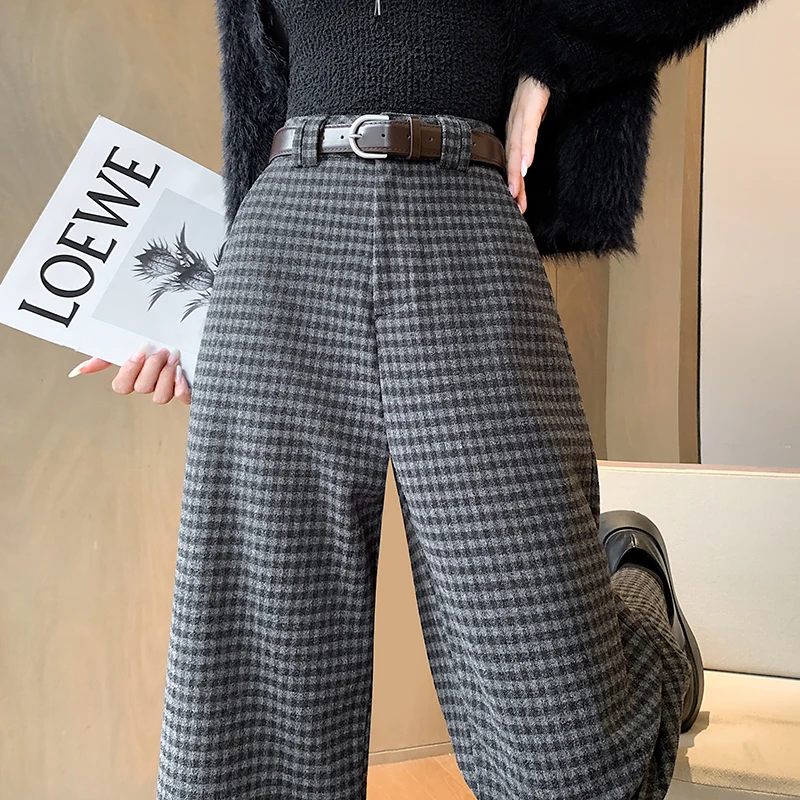 Wool Blend Ankle-length Pants Women High Waist Wide Leg Straight Pants Autumn Winter Warm Thick Plaid Pants Fashoin Boot Pants