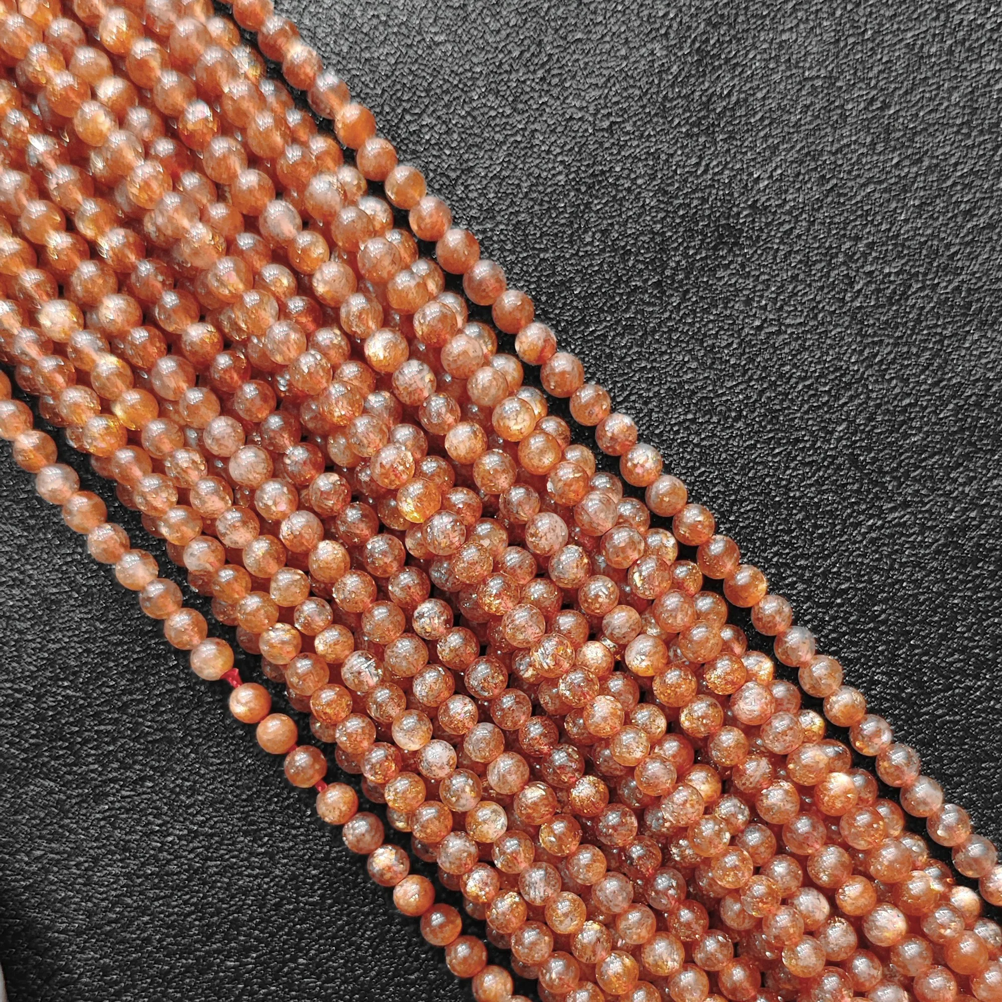Gold Sunstone Micro Round Gemstone Loose Beads 4mm Sparkly Copper Glitter Beads Strand for DIY Delicate Bracelet Design