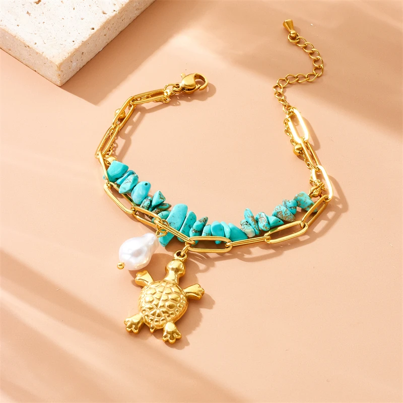 MEYRROYU-pulsera con colgante de tortuga para niña, cadena de mano de acero inoxidable 316L, Perla turquesa, Color dorado, nueva tendencia concisa, regalo de joyería