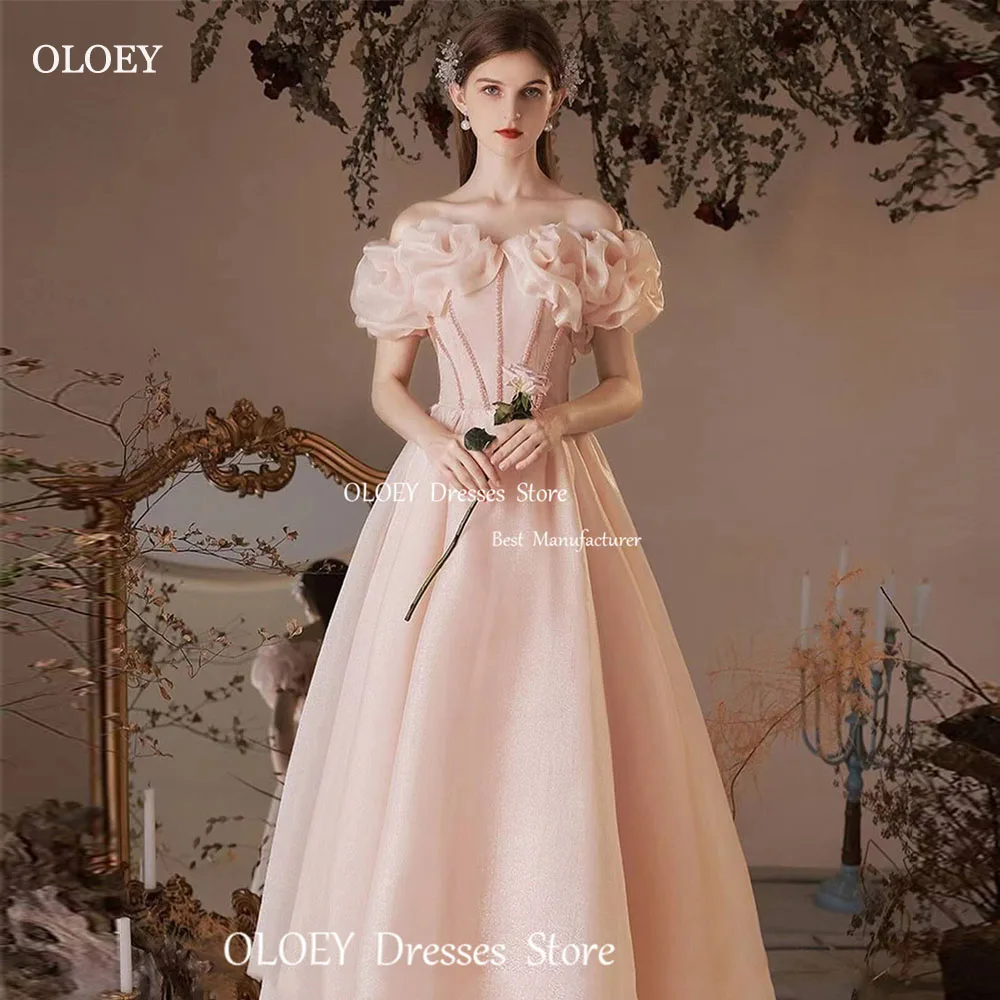 

OLOEY Elegant Beige Ruched A Line 3D Flower Evening Gown Dresses Sweetheart Ankle Length Off Shoulder Short Sleeve Prom Gowns