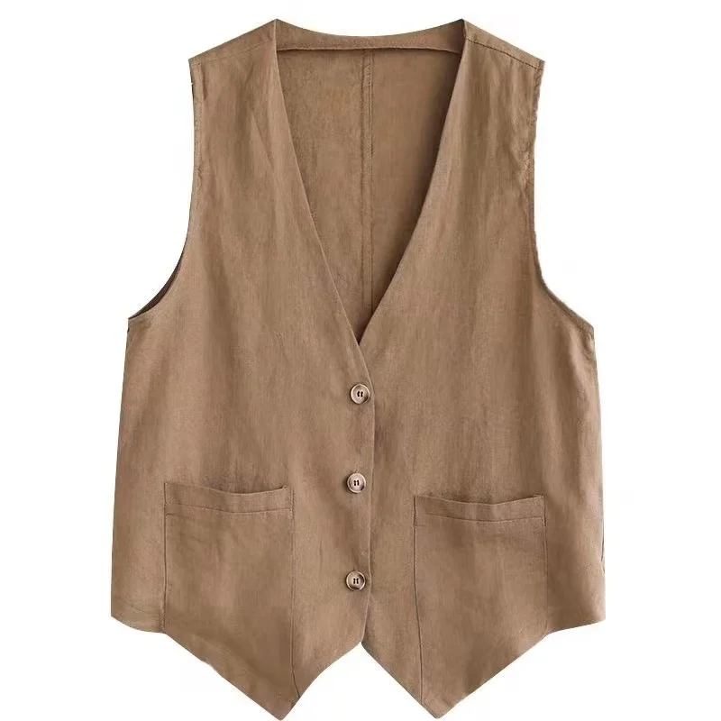 2024 Retro Loose Waistcoat Lady Outerwear Single Row Buckle Cardigan Vest Women Coat Solid Color Short Sleeveless Female Jacket