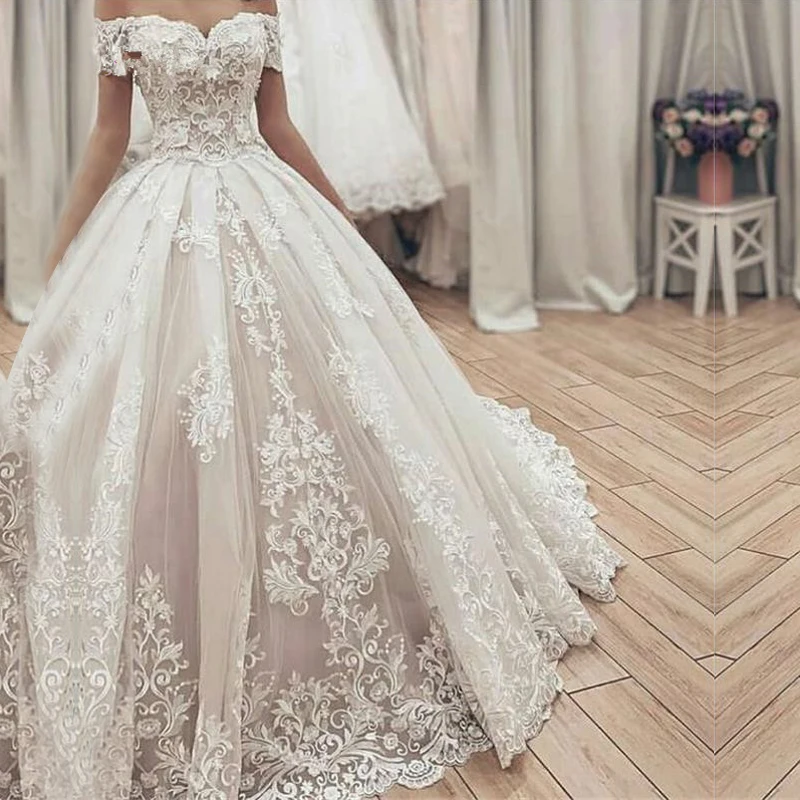 Vestido de fiesta de princesa, para boda, hombros descubiertos, apliques de encaje, coda reale, abito da sposa retrò palazzo.